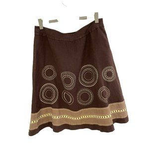 YK2 Talbots Women Sz 14 Knee Length Skirt 100% Linen Lind Embroidered Brown